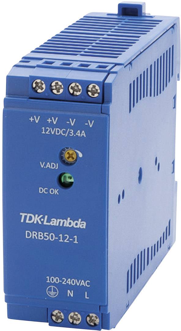 Niebieskie zasilanie impulsowe w kształcie prostokąta. Nadruk wskazuje 'TDK-Lambda DRB50-12-1'. Parametry napięcia: 12VDC/3.4A.