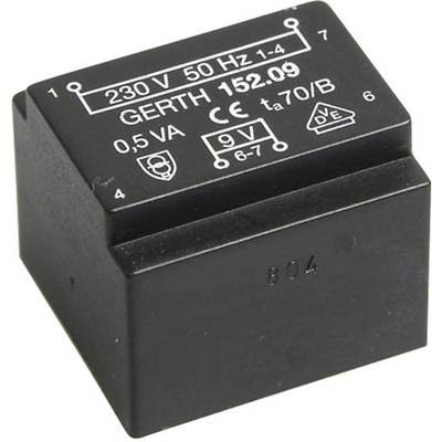 Czarny transformator z białym oznakowaniem: '230 V, 50 Hz, 0,5 VA'. Przedstawia specyfikacje technologiczne.