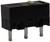 Czarny mikrowyłącznik z trzema metalowymi pinami i małym białym przełącznikiem na górnej powierzchni. Odpowiedni do zastosowań elektronicznych.