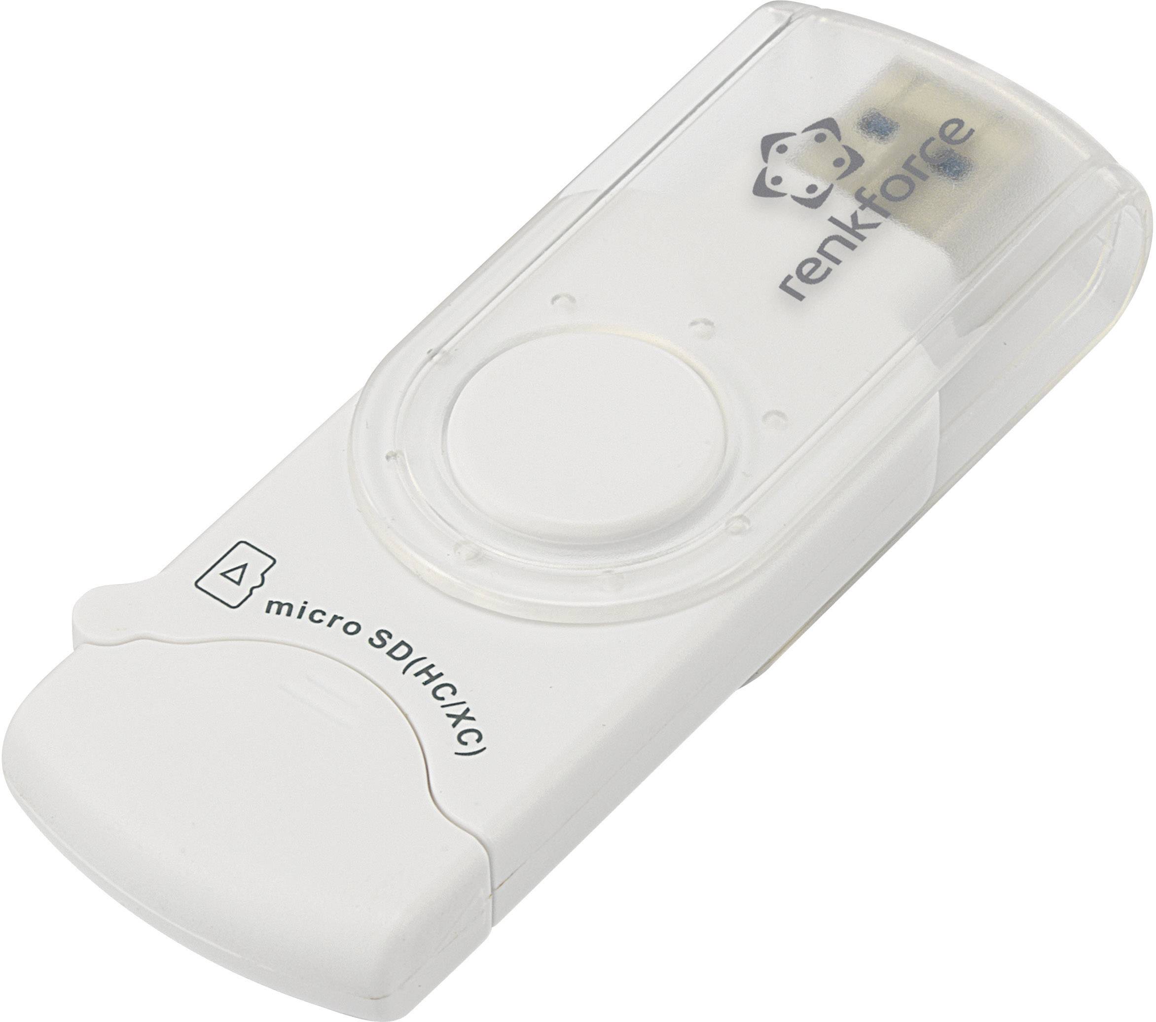 Biały czytnik kart microSD/SDHC/SDXC marki Renkforce z przezroczystą pokrywą.