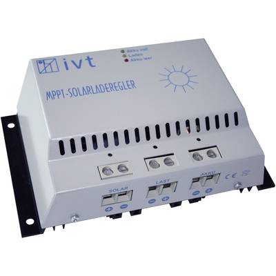 Regulator ładowania solarnego z technologią MPPT, wskaźniki LED aktywności i zasilania, złącza do paneli słonecznych, obciążenia i akumulatora.