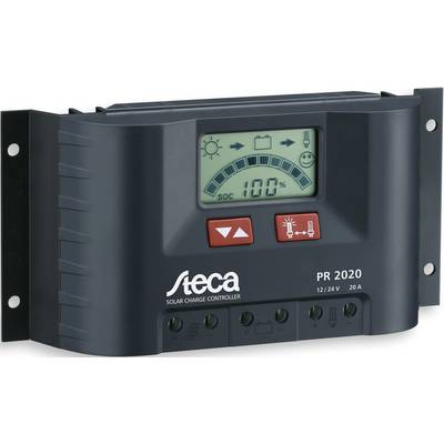 Solarny regulator ładowania z wyświetlaczem wskazuje 100% stanu baterii. Urządzenie posiada dwa czerwone przyciski z symbolami słońca i baterii. Model 'Steca PR 2020'.