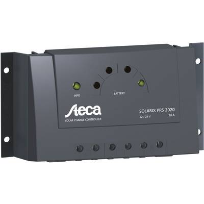 Solarny regulator ładowania 'Steca Solarix PRS 2020' z napięciem 12/24V i 20A. Wyświetlacz do prezentacji informacji i stanu baterii. Prostokątne, czarne urządzenie.