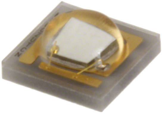 Dioda elektroluminescencyjna (LED) na kwadratowym chipie z metalowymi stykami, używana w urządzeniach elektronicznych do wytwarzania światła.