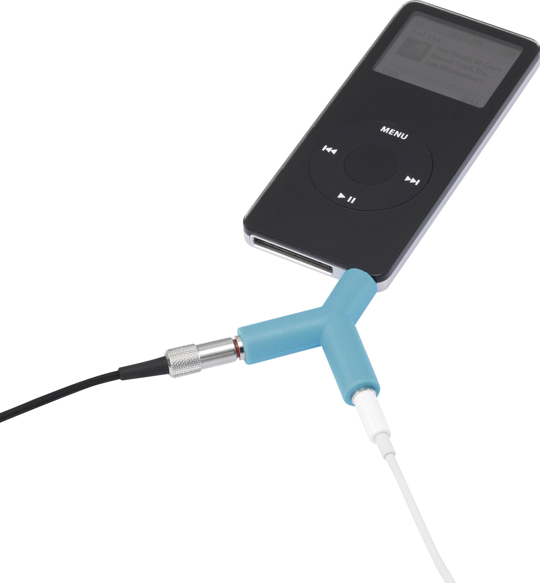 Odtwarzacz MP3 z niebieskim adapterem Y, który umożliwia podłączenie dwóch wejść słuchawkowych.