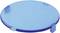 Okrągła, płaska, niebieska plastikowa pokrywka z małymi brzegami po bokach.