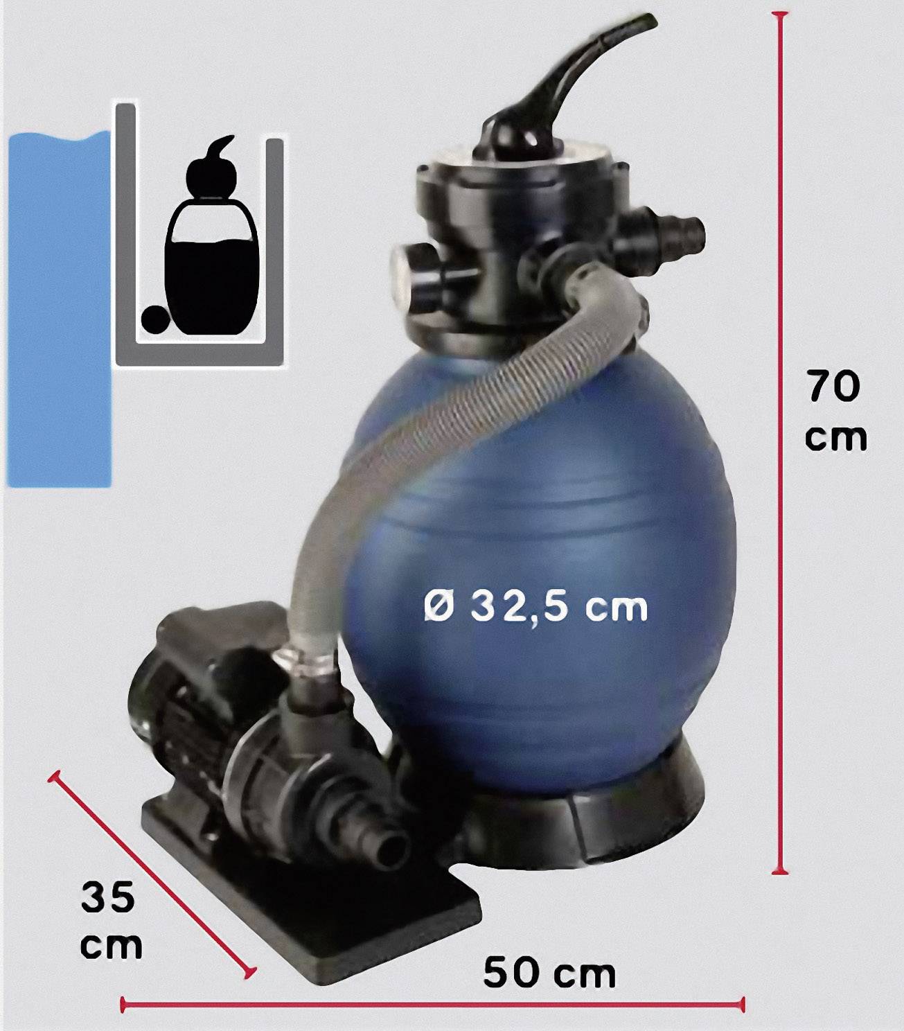 Piaskowy filtr basenowy z niebieską kulą, o średnicy 32,5 cm, wymiary całkowite: 50 cm szerokości, 35 cm głębokości, 70 cm wysokości. Odpowiedni do basenów.