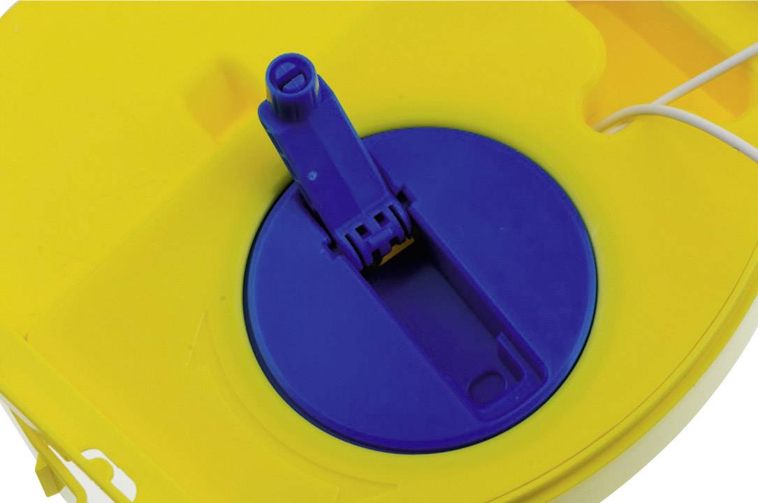 Żółty i niebieski mechanizm plastikowy, prawdopodobnie część urządzenia do przechowywania lub zabezpieczania przedmiotów.