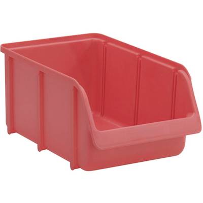 Czerwone plastikowe pudełko magazynowe z otwartą przednią częścią i wzmocnionymi ściankami bocznymi, przeznaczone do przechowywania i organizacji drobnych elementów.