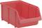 Czerwone plastikowe pudełko magazynowe z otwartą przednią częścią i wzmocnionymi ściankami bocznymi, przeznaczone do przechowywania i organizacji drobnych elementów.