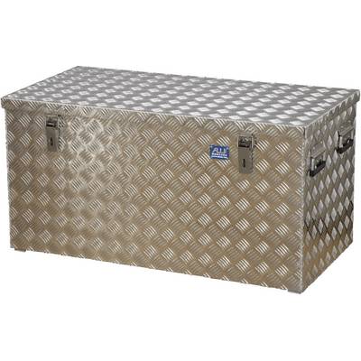 Duża srebrna skrzynia aluminiowa o wzorze rombowym z dwoma uchwytami.