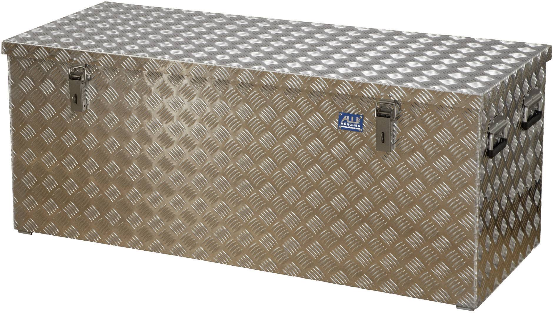 Prostokątna skrzynka narzędziowa z metalu z wzorem w szachownicę, wyposażona w dwa zamki z przodu, przeznaczona do przechowywania narzędzi.