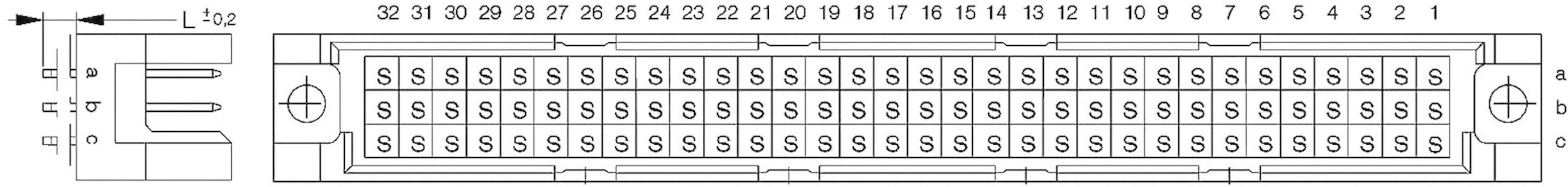 Diagram obwodu elektrycznego z serią 32 przełączników. Po lewej stronie znajdują się wejścia i wyjścia oznaczone jako 'c1', 'c2', 'c3'.