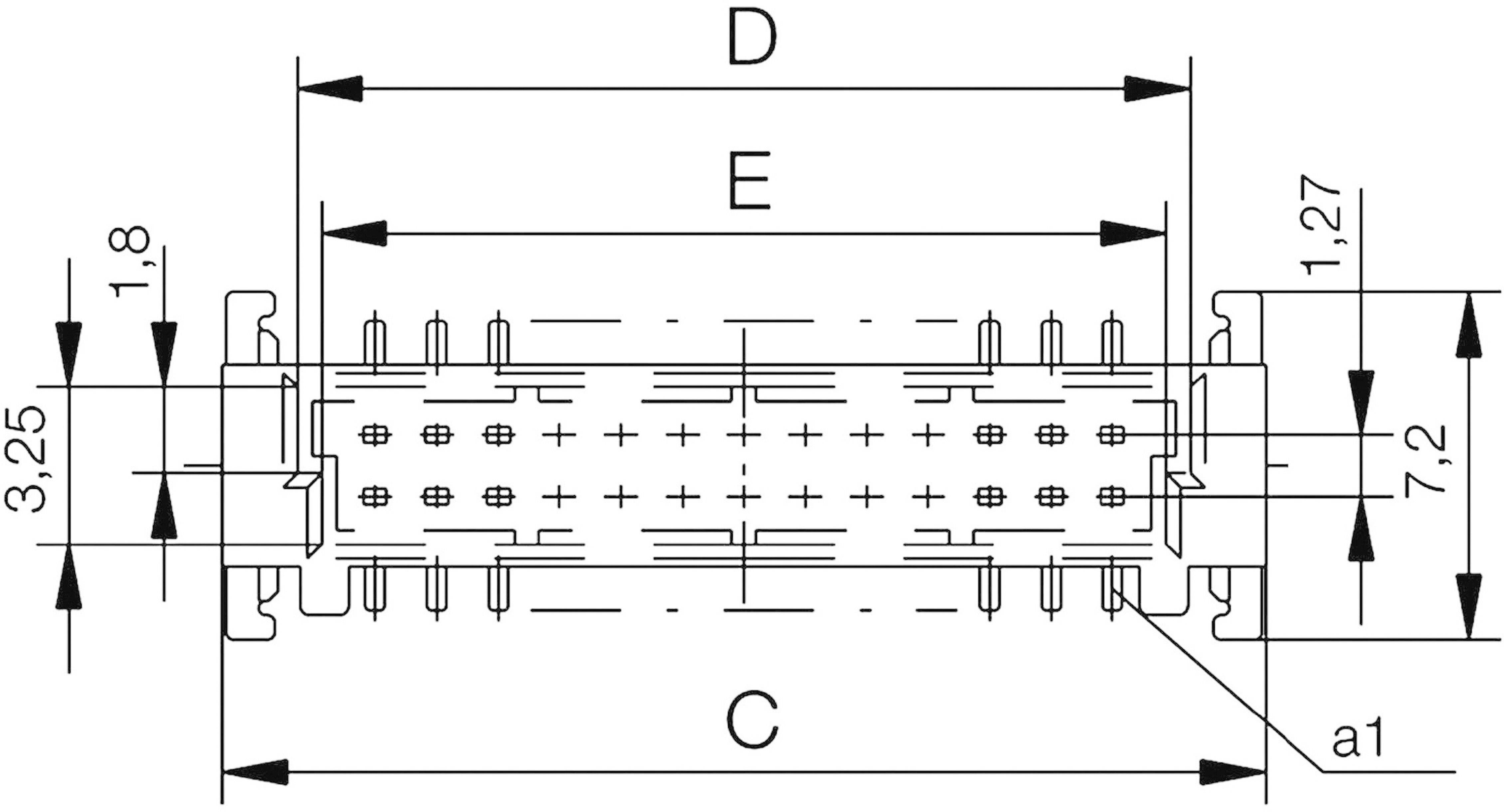 Rysunek techniczny złącza z wymiarami. Kluczowe wymiary: szerokość A1: 1,27 mm, szerokość C: 7,2 mm, wysokość E: 7,2 mm.