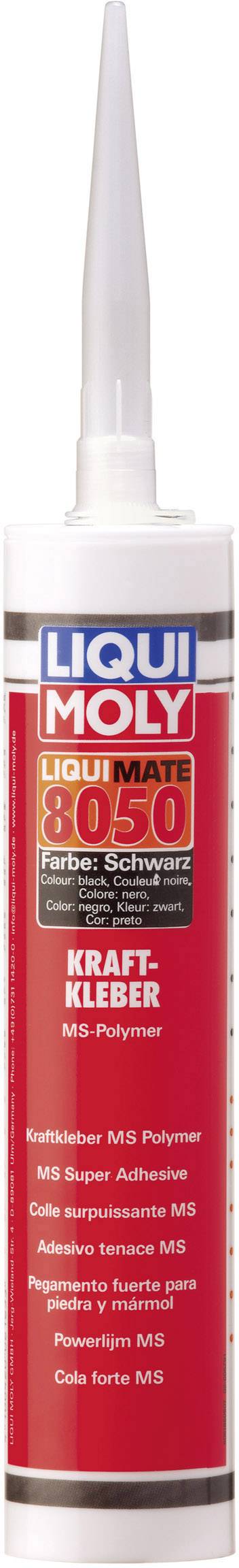 Klej Liqui Moly Liquimate 8050 w czerwonej kartridżu z białą nakrętką i precyzyjną dyszą, przeznaczony do zastosowań przemysłowych.