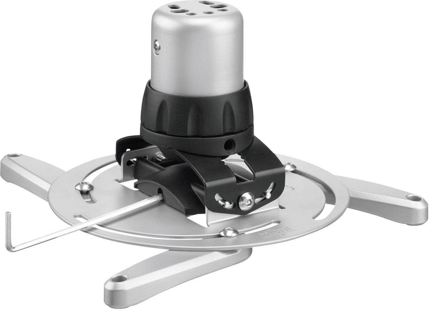 Srebrno-czarne urządzenie mocujące przeznaczone do zawieszania projektorów lub podobnego sprzętu suficie.