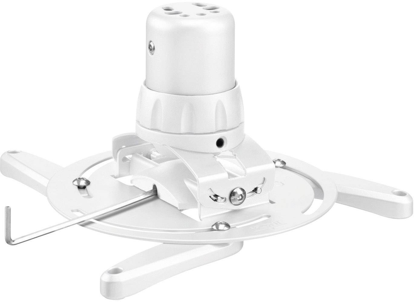 Uchwyt projektora w kolorze białym, podstawa o kształcie koła z czterema regulowanymi ramionami.