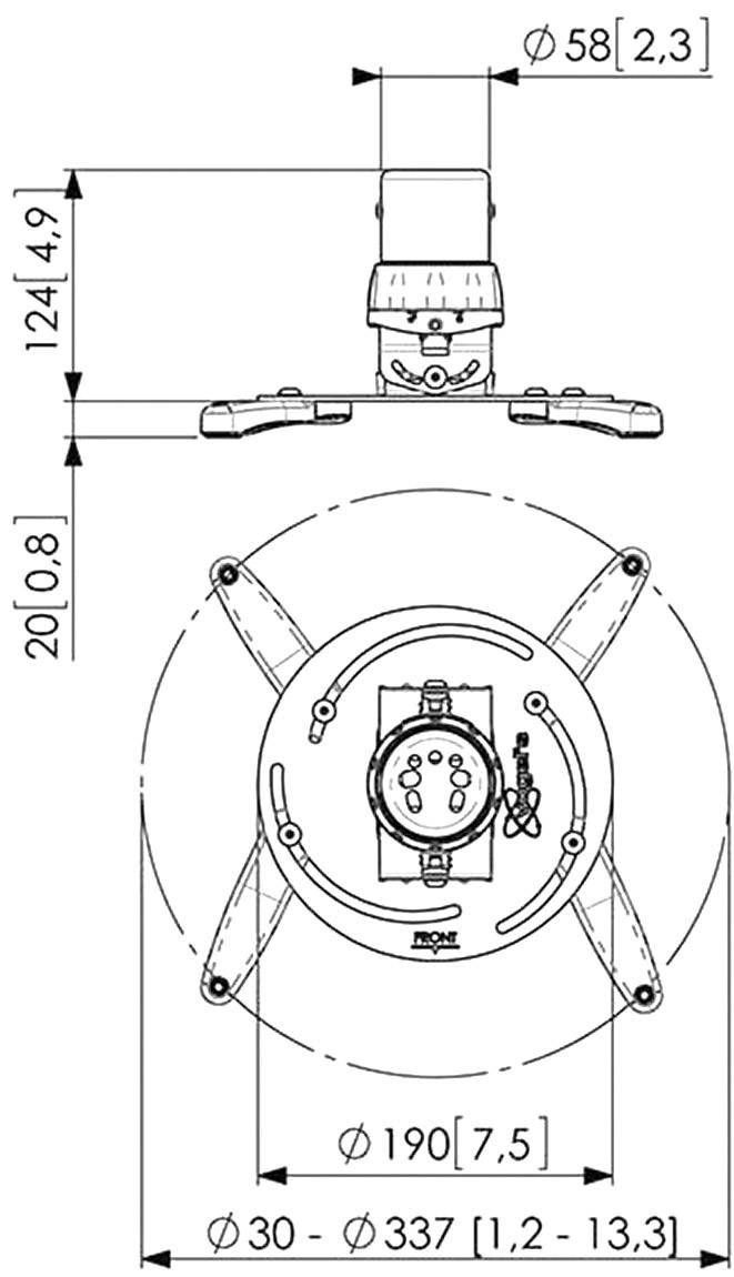 Rysunek techniczny urządzenia mechanicznego z wymiarami w milimetrach, przedstawiający szczegóły okrągłego elementu z mocowaniami.