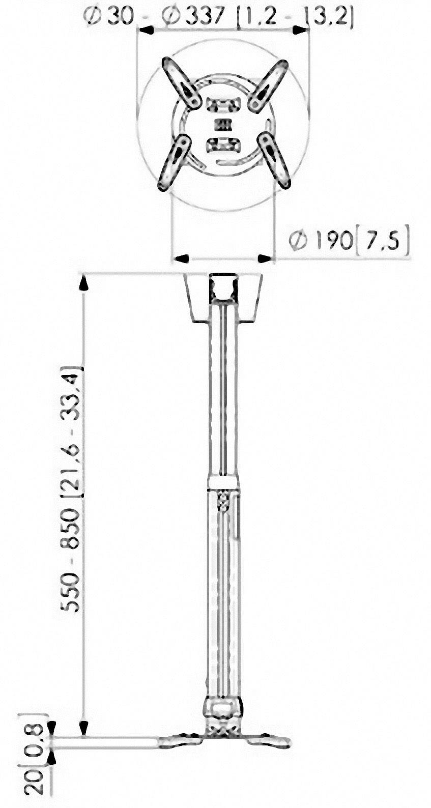 Rysunek techniczny uchwytu monitora z wymiarami: średnica 30-337 mm, długość 550-850 mm, szerokość 190 mm.