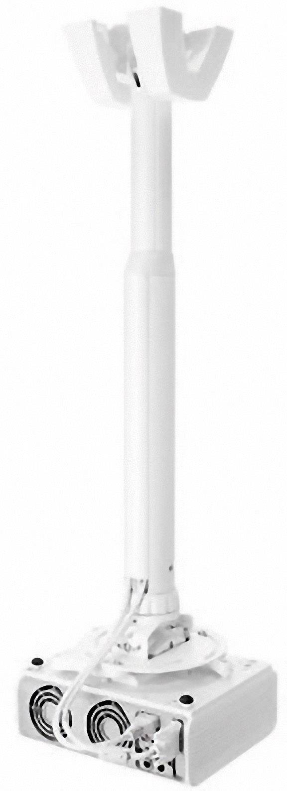 Biały uchwyt sufitowy do projektora z otworami wentylacyjnymi i regulowanymi ramionami mocującymi, sfotografowany na białym tle.