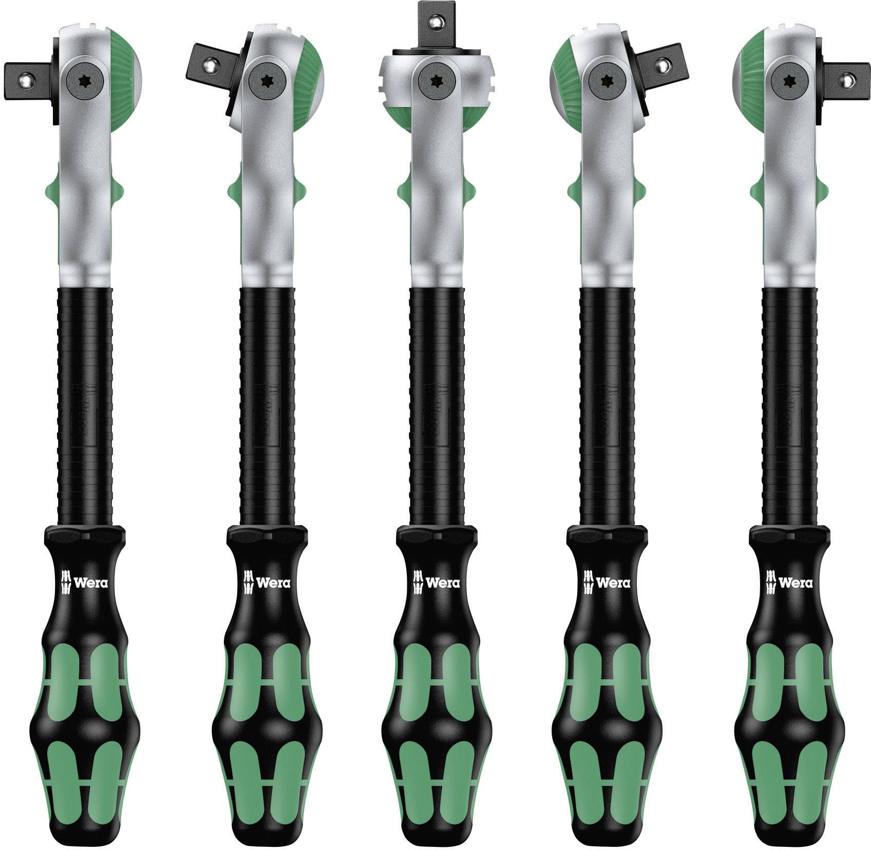 Pięć identycznych grzechotek z ergonomicznymi uchwytami w czarno-zielonym kolorze oraz długimi czarnymi trzonkami, ustawionych pionowo obok siebie.