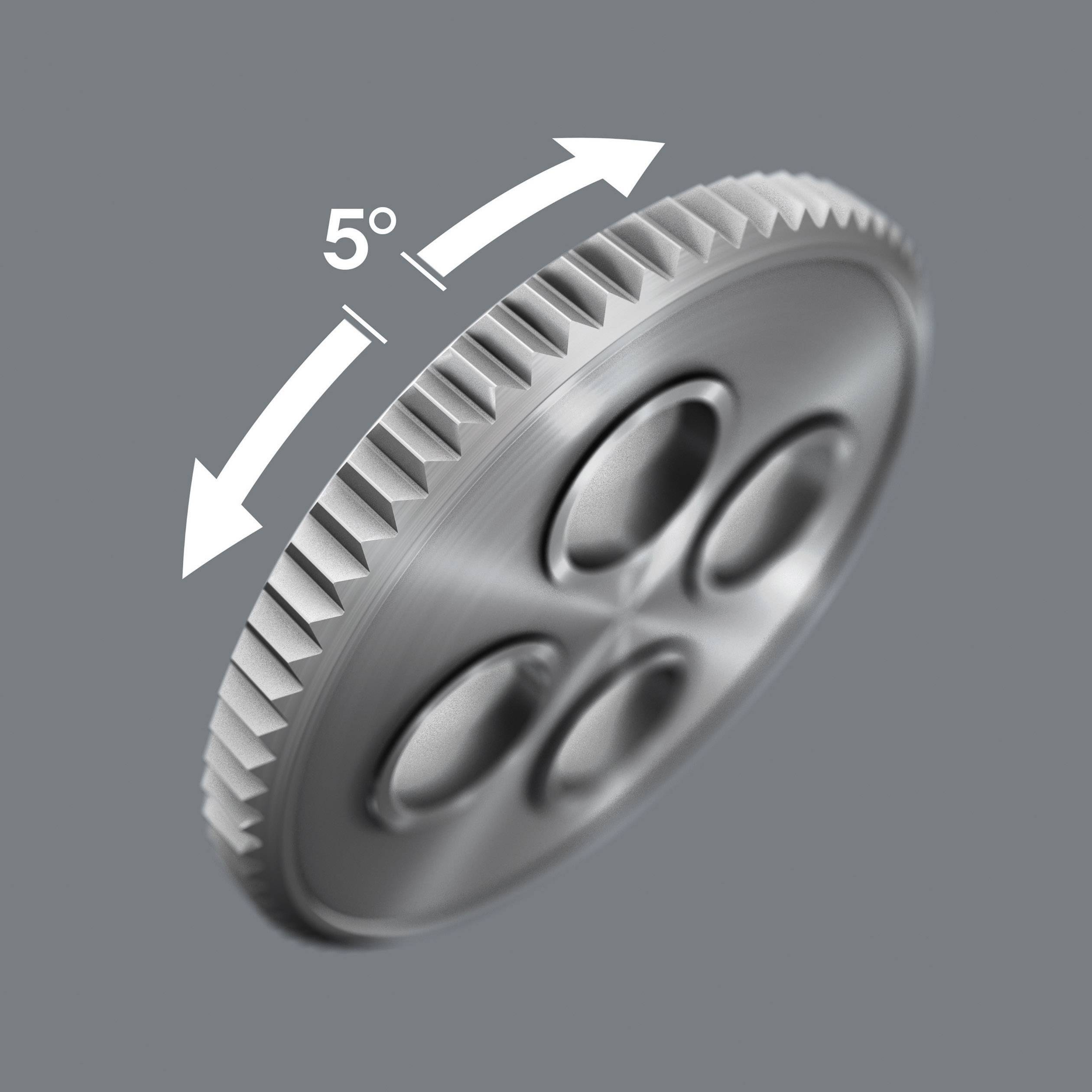 Metalowy mechanizm z 5-stopniową wskazówką kąta, prezentujący mechanizm lub ruch. Główna cecha: ząbkowane krawędzie i strzałki wskazujące kierunek obrotu.
