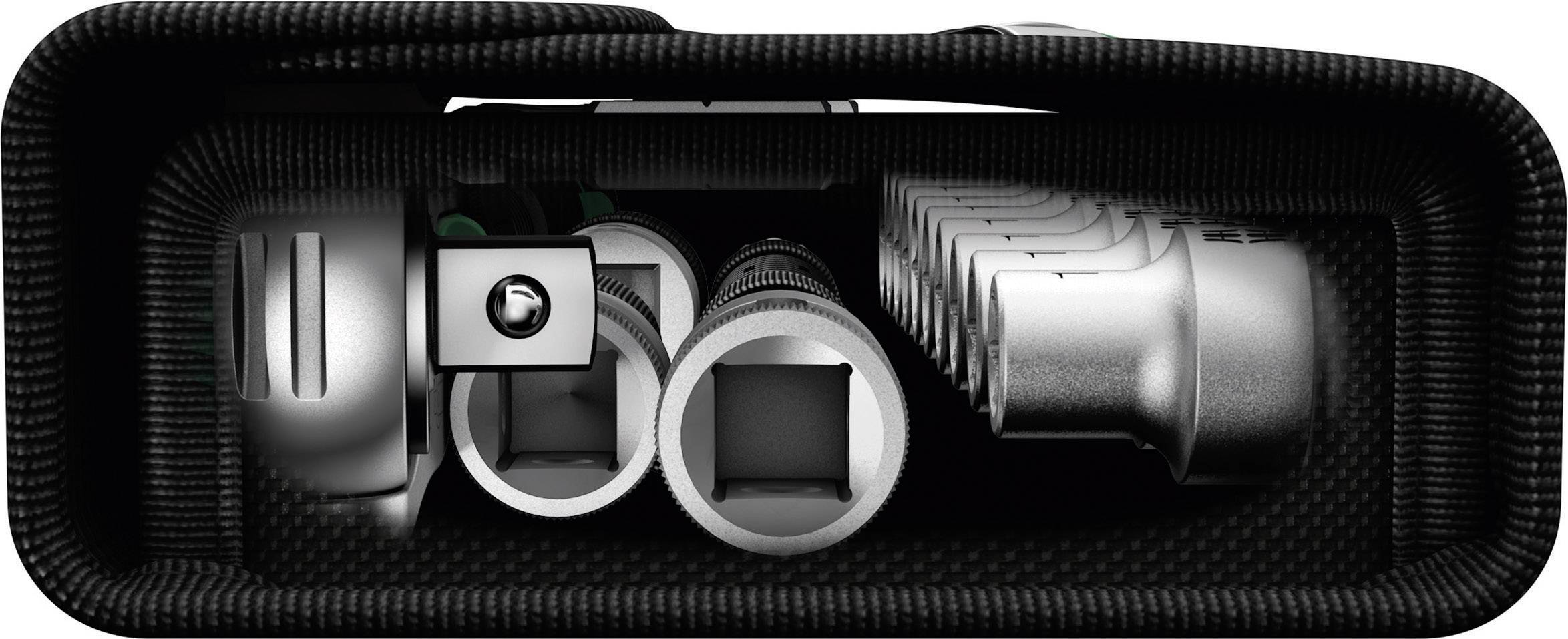 Zestaw kluczy nasadowych i narzędzi w czarnym etui. Widoczne nakrętki o różnych rozmiarach i kształtach, ułożone obok siebie w uporządkowany sposób.