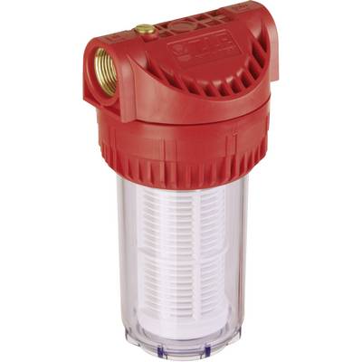 Filtr wody z czerwoną obudową z tworzywa sztucznego i przezroczystym cylindrem, używany do filtracji cząstek w instalacji wodociągowej.