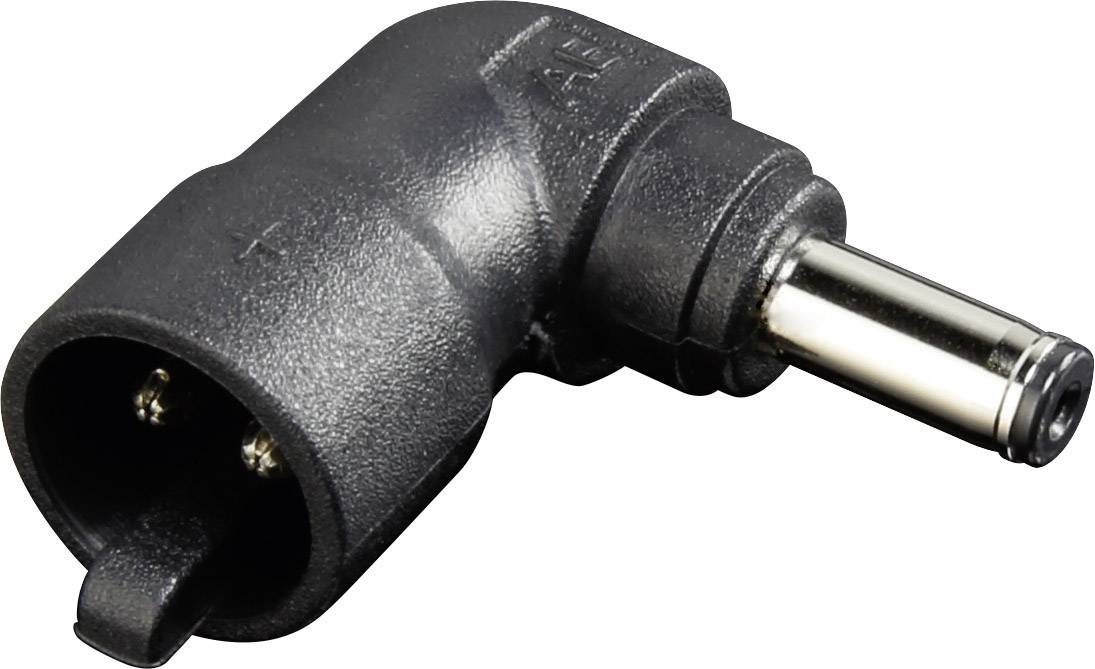 'Czarny prostokątny adapter prądowy z dwoma pinami i metalowym stykiem, widok z góry z boku.'