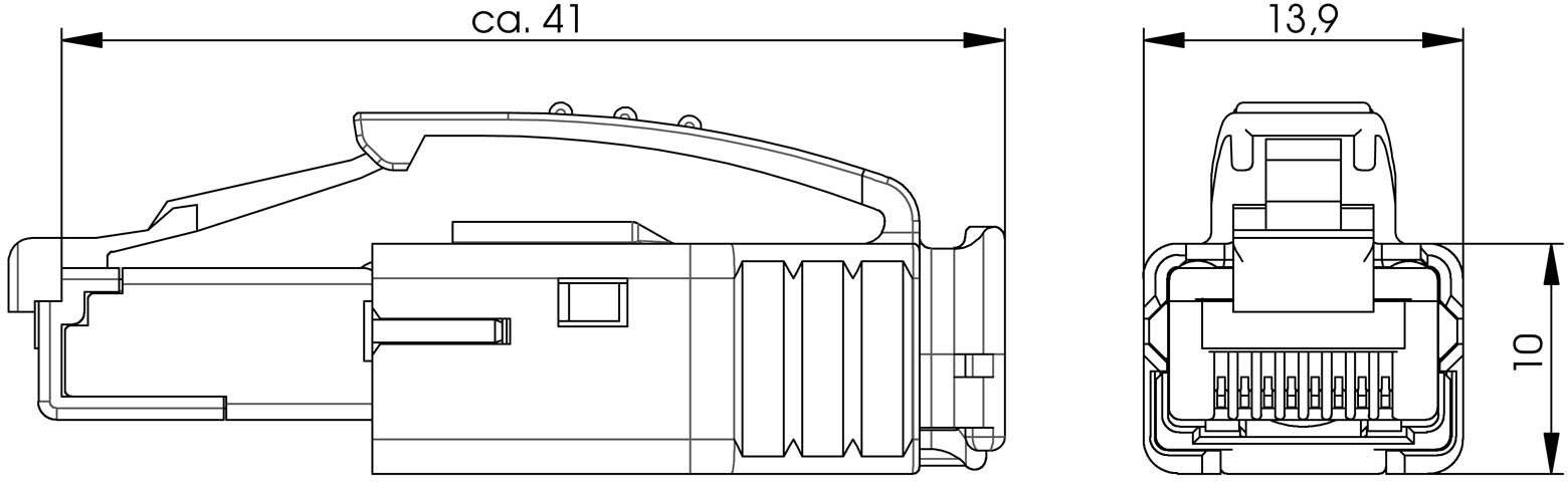 Rysunek wtyczki RJ45 z boku i z przodu, z podaniem wymiarów: długość ok. 41 mm, szerokość 13,9 mm, wysokość 10 mm.