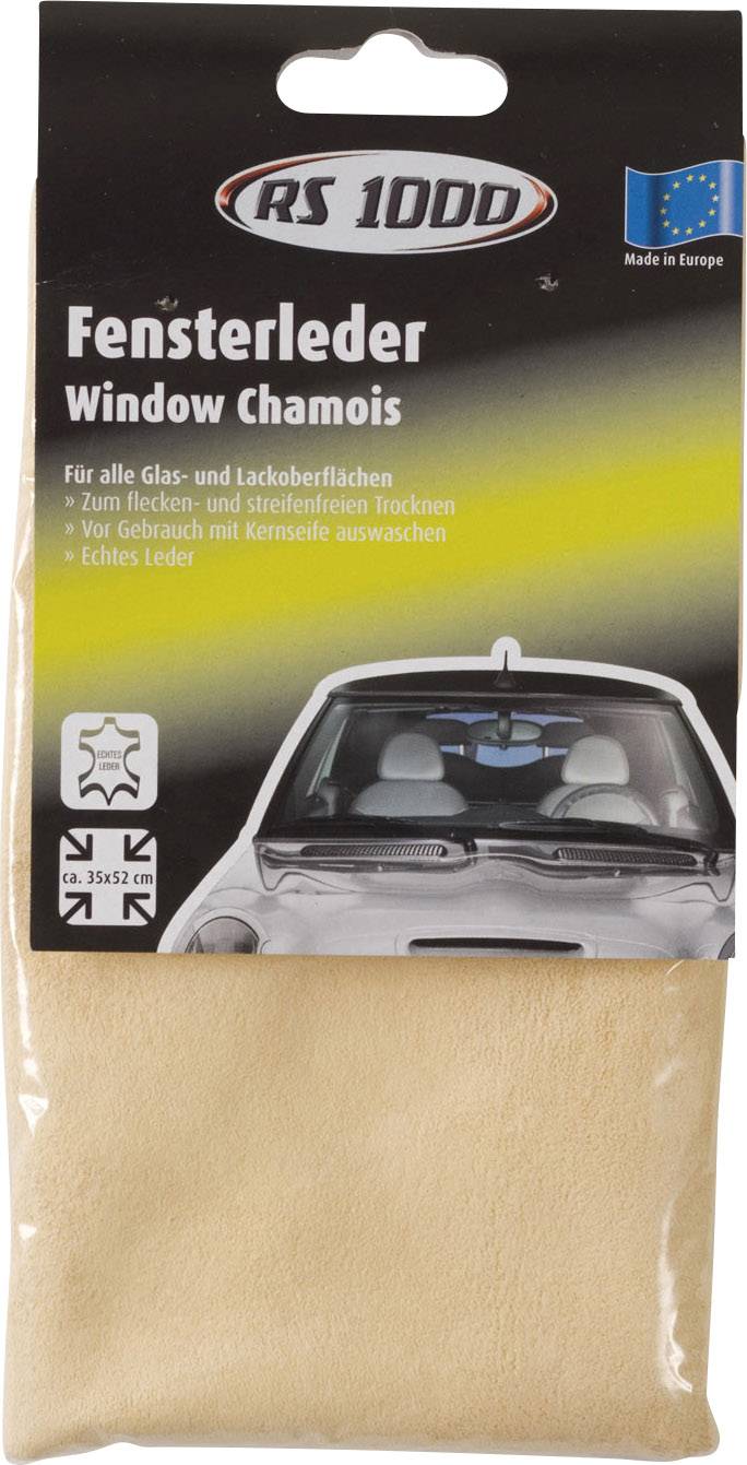 Opakowanie ściereczki do szyb i lakieru marki 'RS1000', z ilustracjami samochodu i flagą UE.