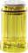 Przezroczysty, żółty pojemnik na przyprawy o prążkowanej strukturze z białą pokrywką stoi pionowo.