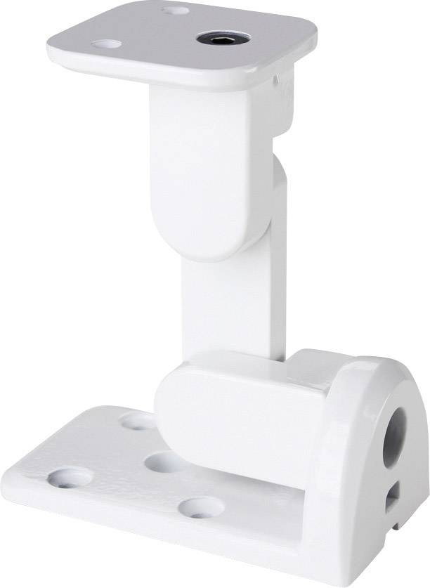 Biała mocowanie sufitowe z ramieniem przegubowym i wieloma otworami mocującymi, odpowiednie do instalacji urządzeń lub akcesoriów na suficie.