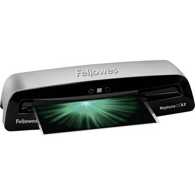 Urządzenie do laminowania Fellowes Neptune 3 A3 w kolorze czarno-srebrnym laminuje arkusz z zielonym wzorem promieniowym.