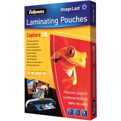 Opakowanie folii laminacyjnych Fellowes ImageLast. Zawiera 100 arkuszy błyszczących A3 o grubości 125 mikronów. Nadruk: 'Premium Quality, Superior Results, 100% Reliable'. Obraz żaby.