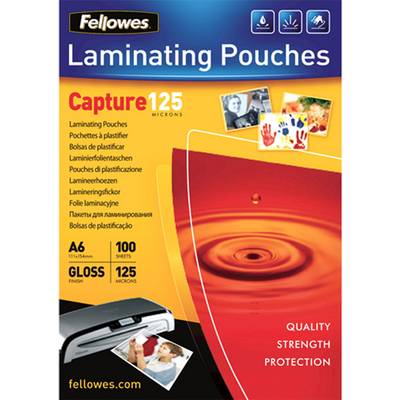 Opakowanie produktu folii laminacyjnej. Napis 'Koszulki laminacyjne Capture 125 Mikronów', zawiera ilustracje zalaminowanych dokumentów i urządzenia do laminowania.