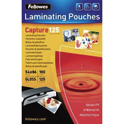 Folie laminacyjne Fellowes, 125 mikronów, 54x86 mm, 100 sztuk, błyszczące. Zdjęcia dla jakości, grubości, ochrony. Odpowiednie do laminowania.