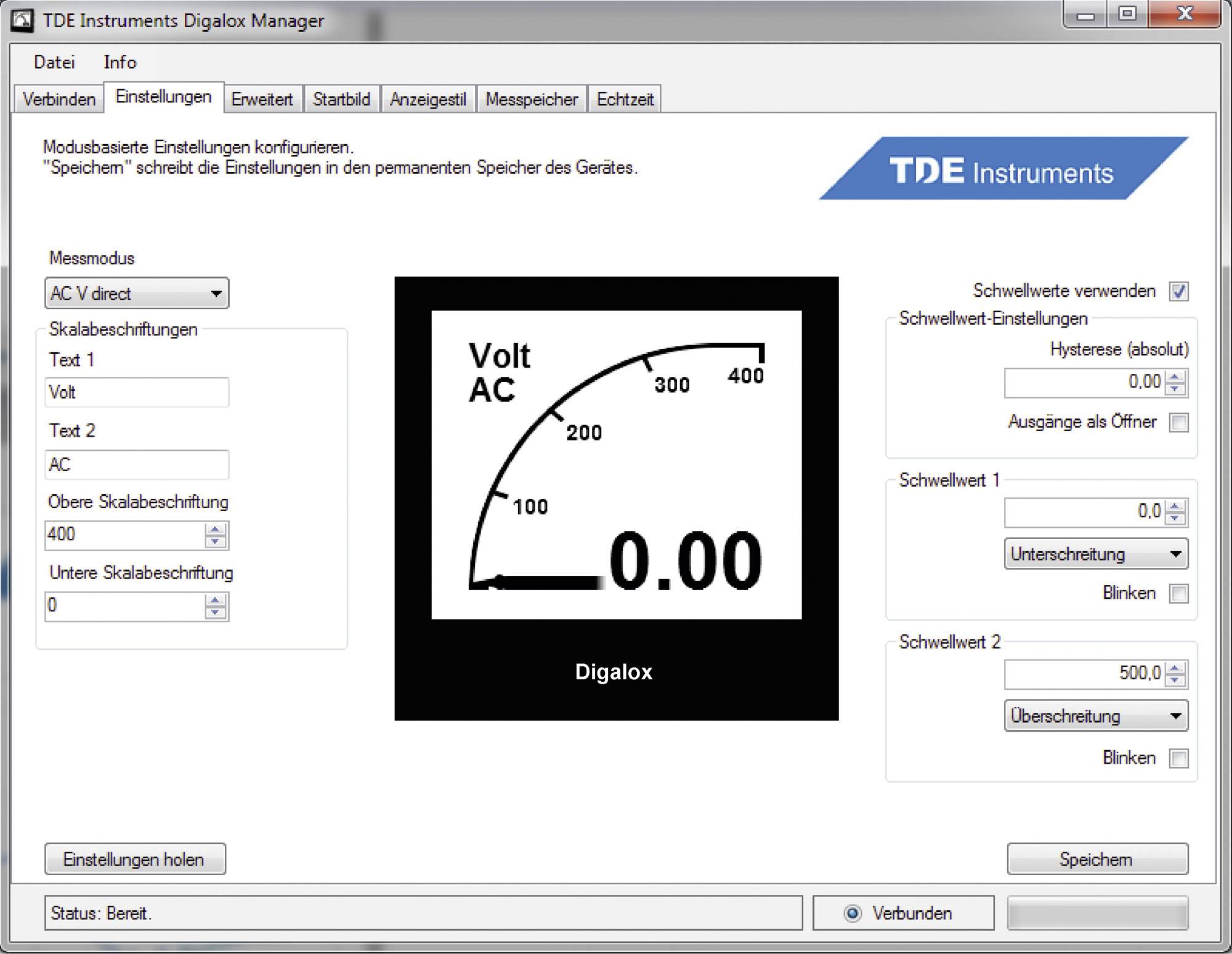 Interfejs oprogramowania dla Menedżera Digalox firmy TDE Instruments. Wyświetla napięcie w woltach. Widoczne opcje ustawień skali.