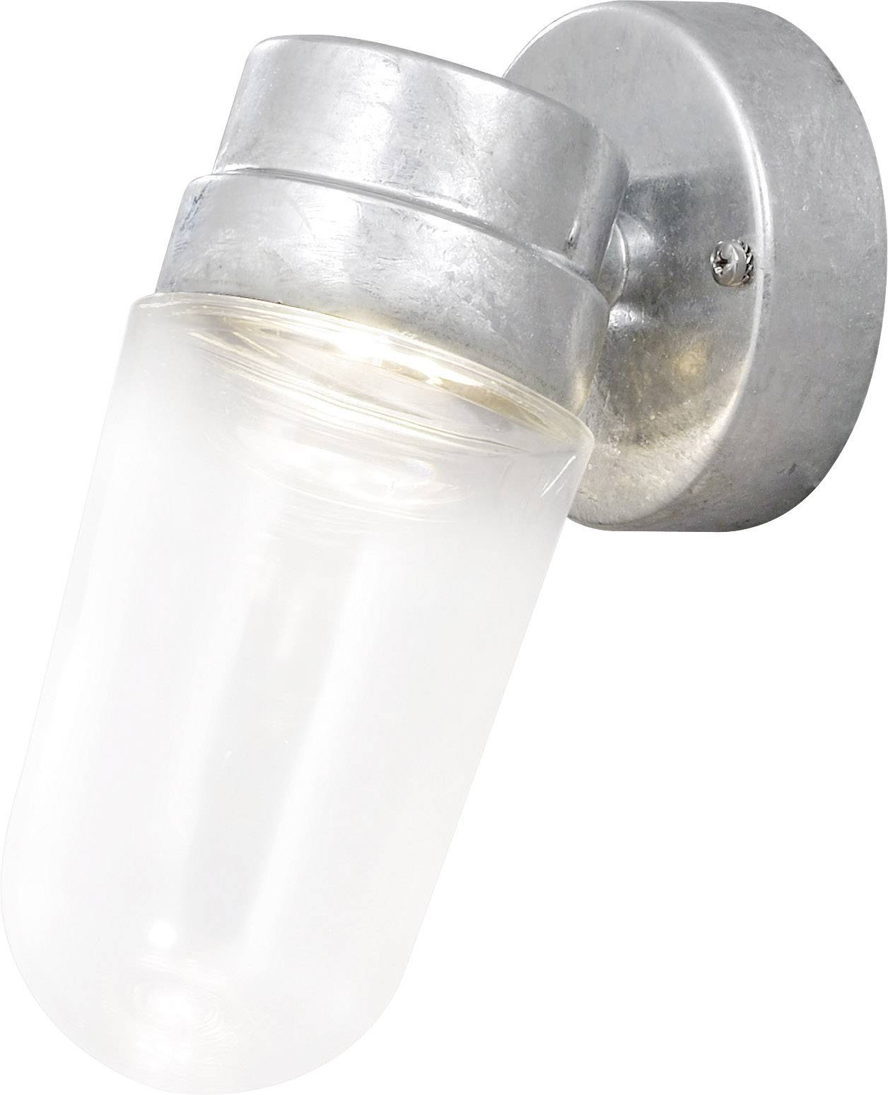 Srebrna, cylindryczna lampa ścienna z przezroczystego szkła, emitująca miękkie światło. Jest zamocowana na metalowym uchwycie.