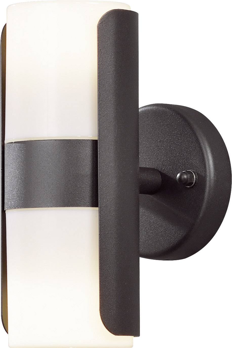 Nowoczesna lampa ścienna z cylindrycznym, białym kloszem oraz ciemnym, metalowym uchwytem.