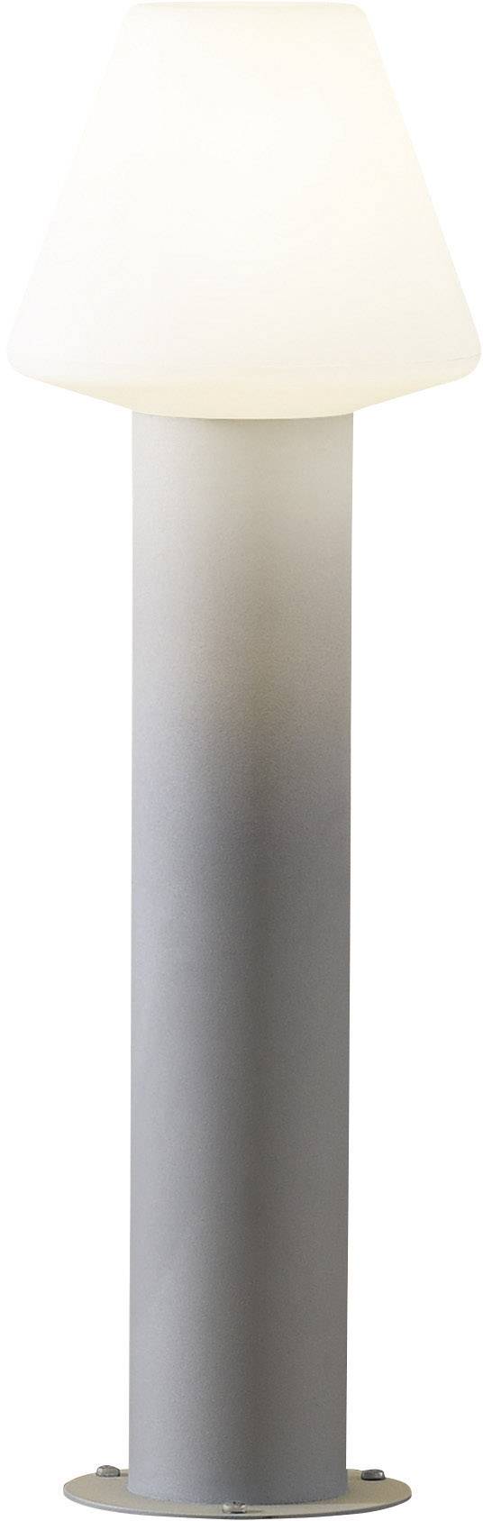 Nowoczesna, cylindryczna lampa zewnętrzna z białym kloszem na szarej podstawie. Idealna do ogrodów lub ciągów pieszych.