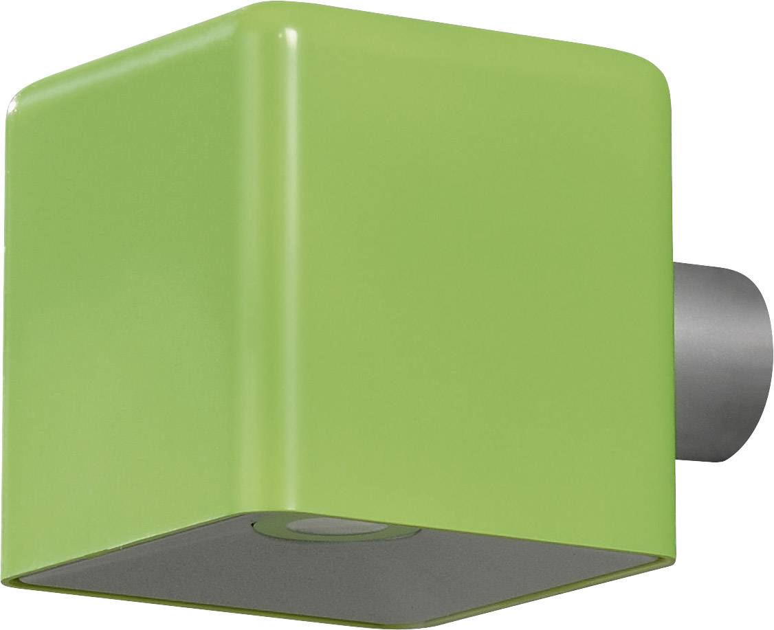 Zielona lampa ścienna w kształcie sześcianu z okrągłą, szarą podstawą.