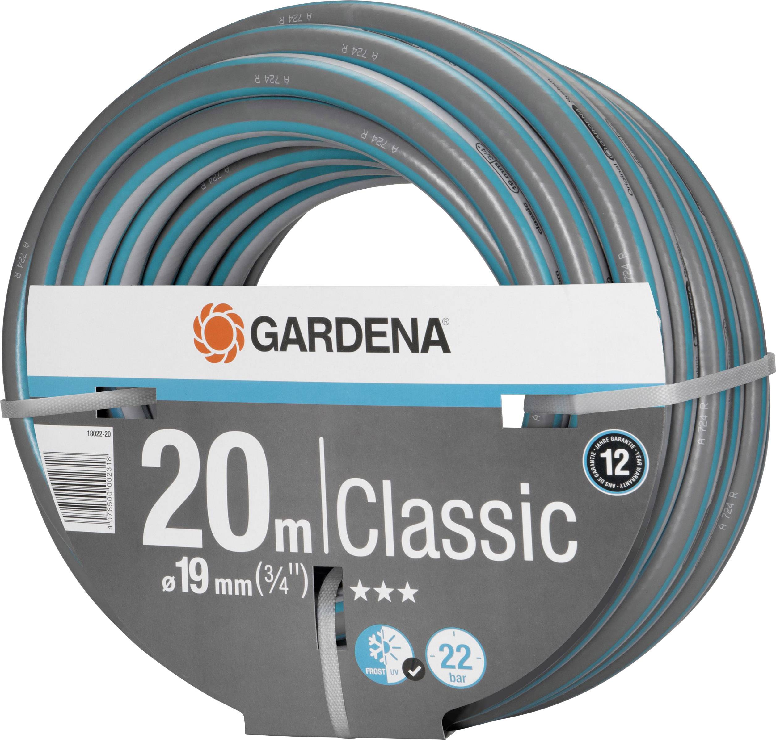 Wąż ogrodowy 'GARDENA Classic', 20 metrów długości, 19 mm średnicy, odpowiedni do ciśnienia 22 bar. Opakowanie zawiera logo marki.