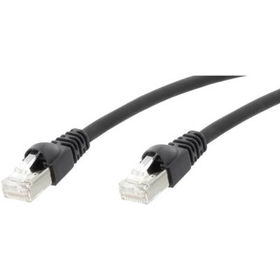 Czarny kabel Ethernet z dwoma wtyczkami RJ45, używany do podłączania urządzeń sieciowych.