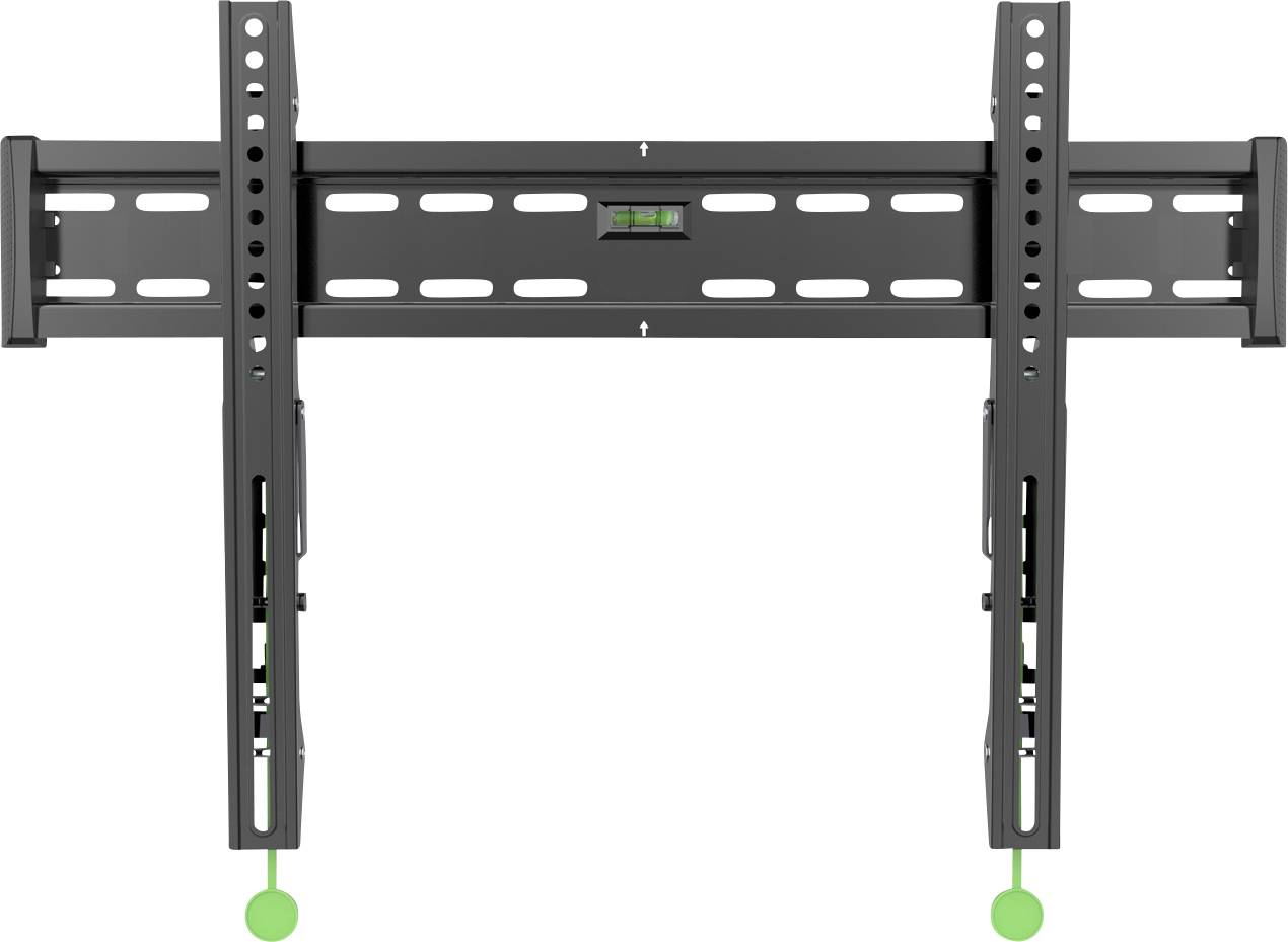 Czarna ścienna podstawa pod telewizor z funkcją regulacji nachylenia oraz zielonym wskaźnikiem poziomu, przygotowana do zamocowania na ścianie.