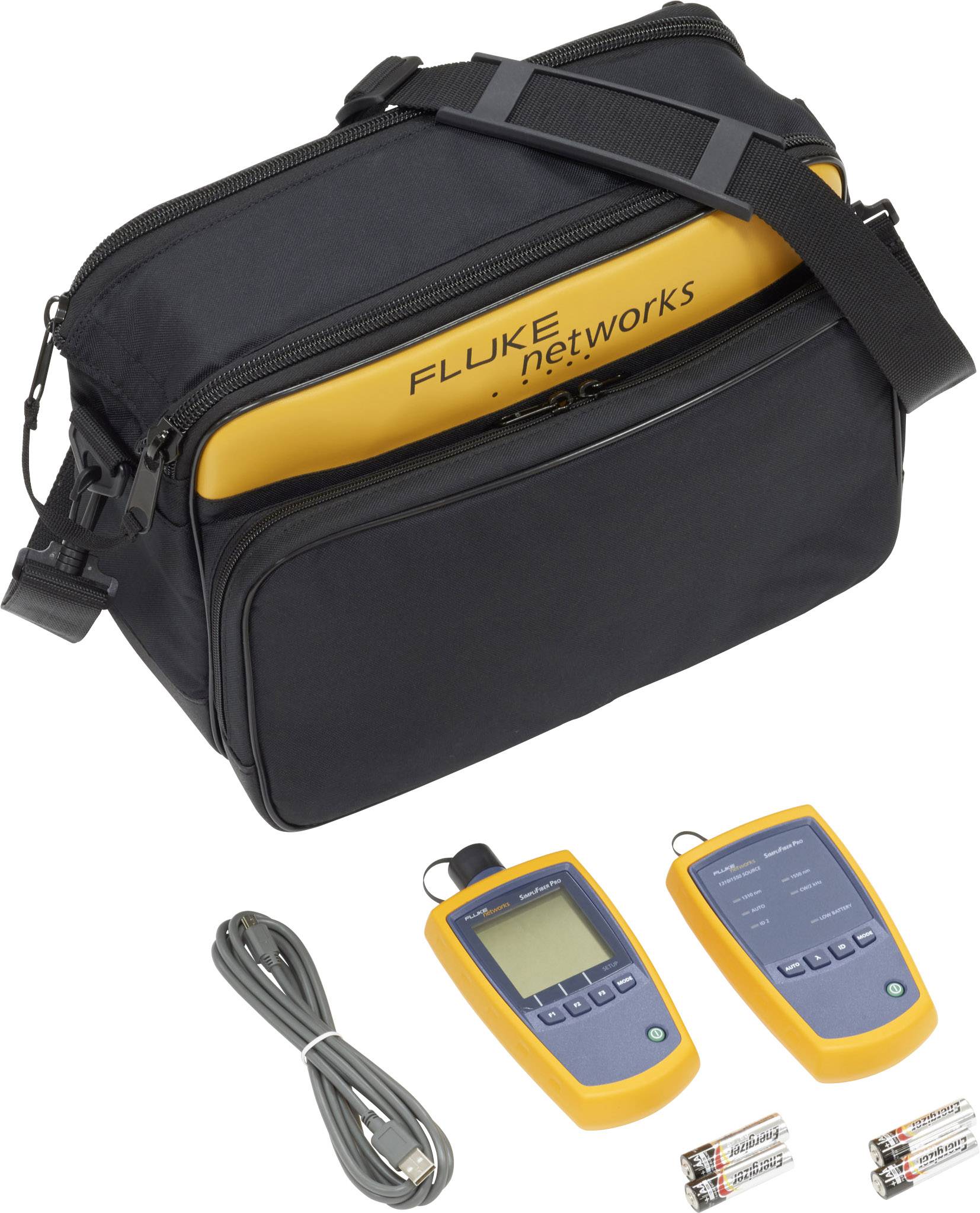 Czarna torba transportowa zawiera urządzenia sieciowe i kable. Dwa żółte i niebieskie urządzenia są widoczne poza torbą.