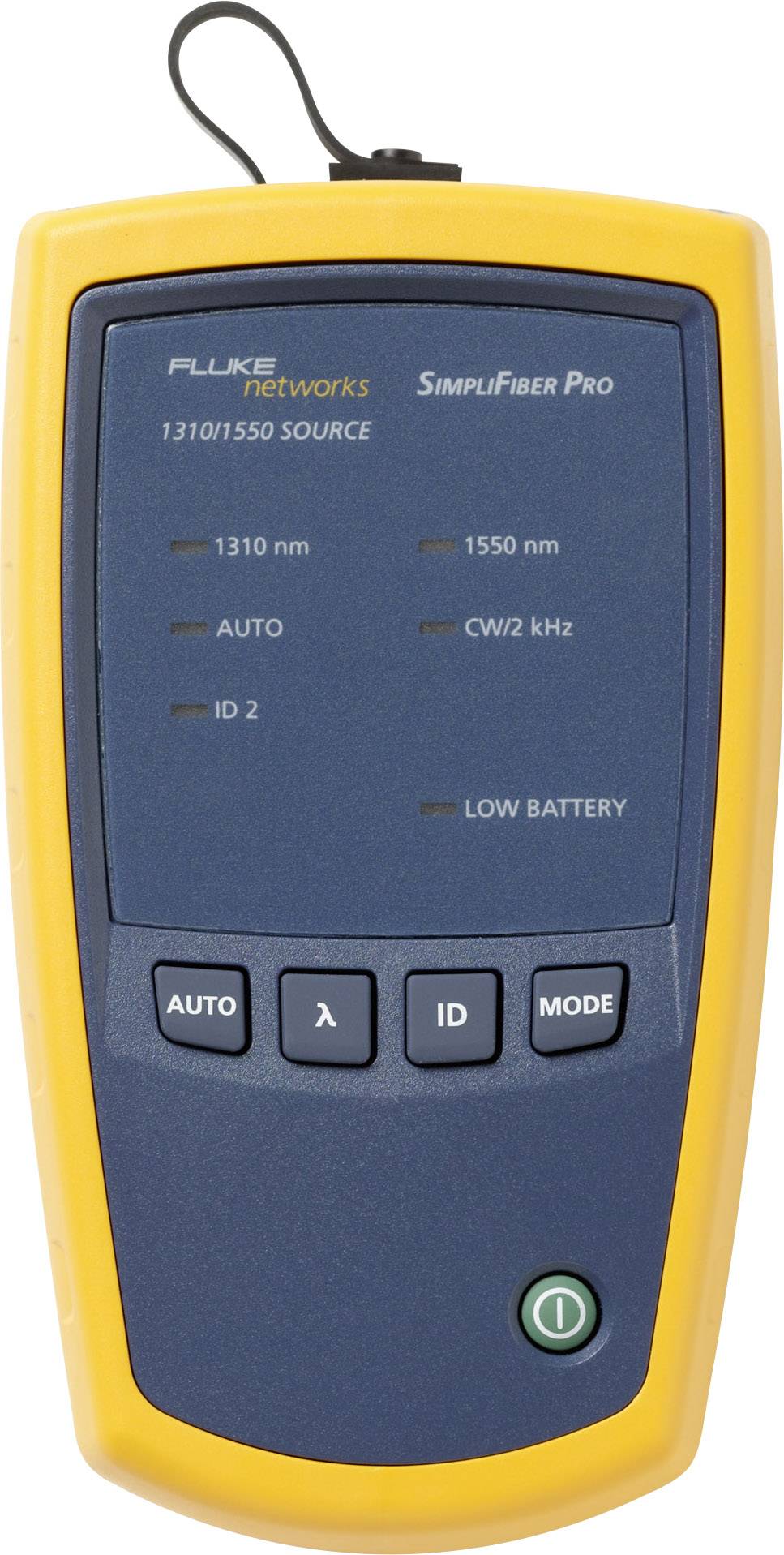 Żółto-niebieski przenośny przyrząd z wyświetlaczem i przyciskami, używany do pomiarów w sieciach światłowodowych, prezentujący tryby pomiarowe i wskaźniki ostrzeżeń.