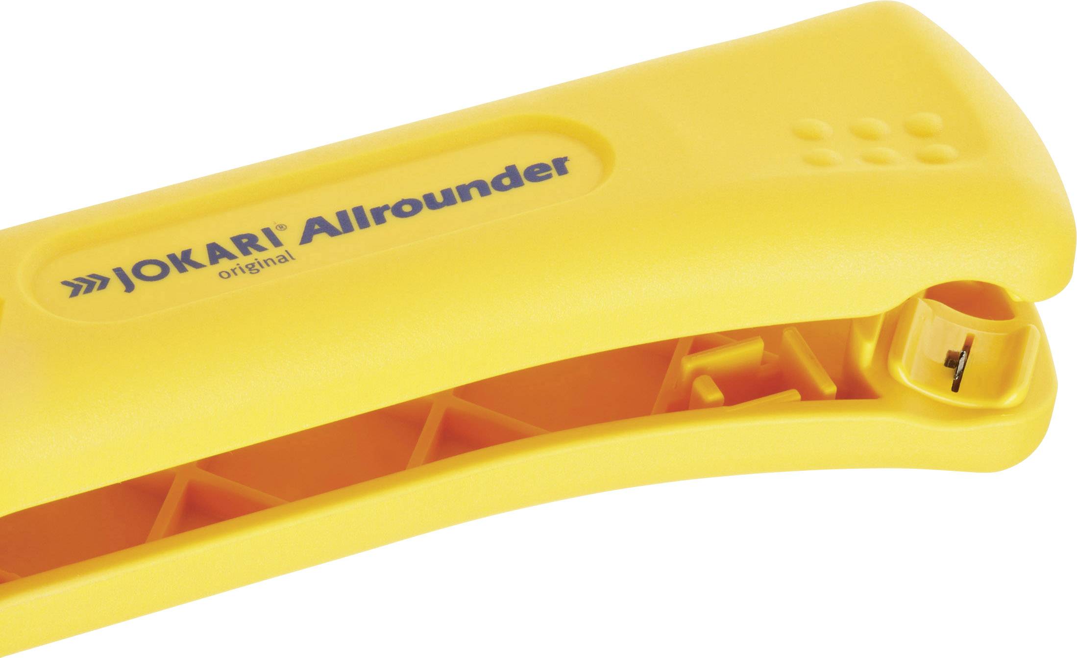 Żółty uniwersalny ściągacz izolacji JOKARI, o ergonomicznym kształcie, do zdejmowania izolacji z kabli.