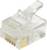 Przezroczysty wtyk RJ-45, stosowany w kablach Ethernet; pokazuje osiem złotych styków do podłączenia kabli sieciowych.