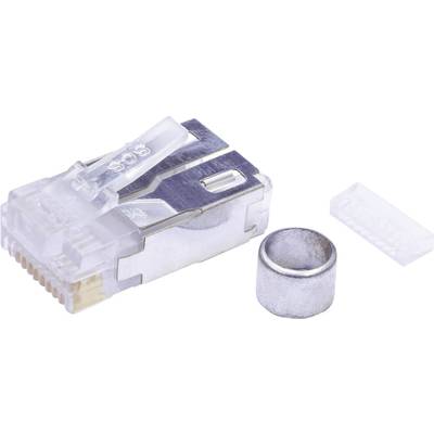Wtyk RJ45 z metalową obudową, odpowiednim metalowym pierścieniem i plastikową osłoną, służący do łączenia kabli sieciowych.
